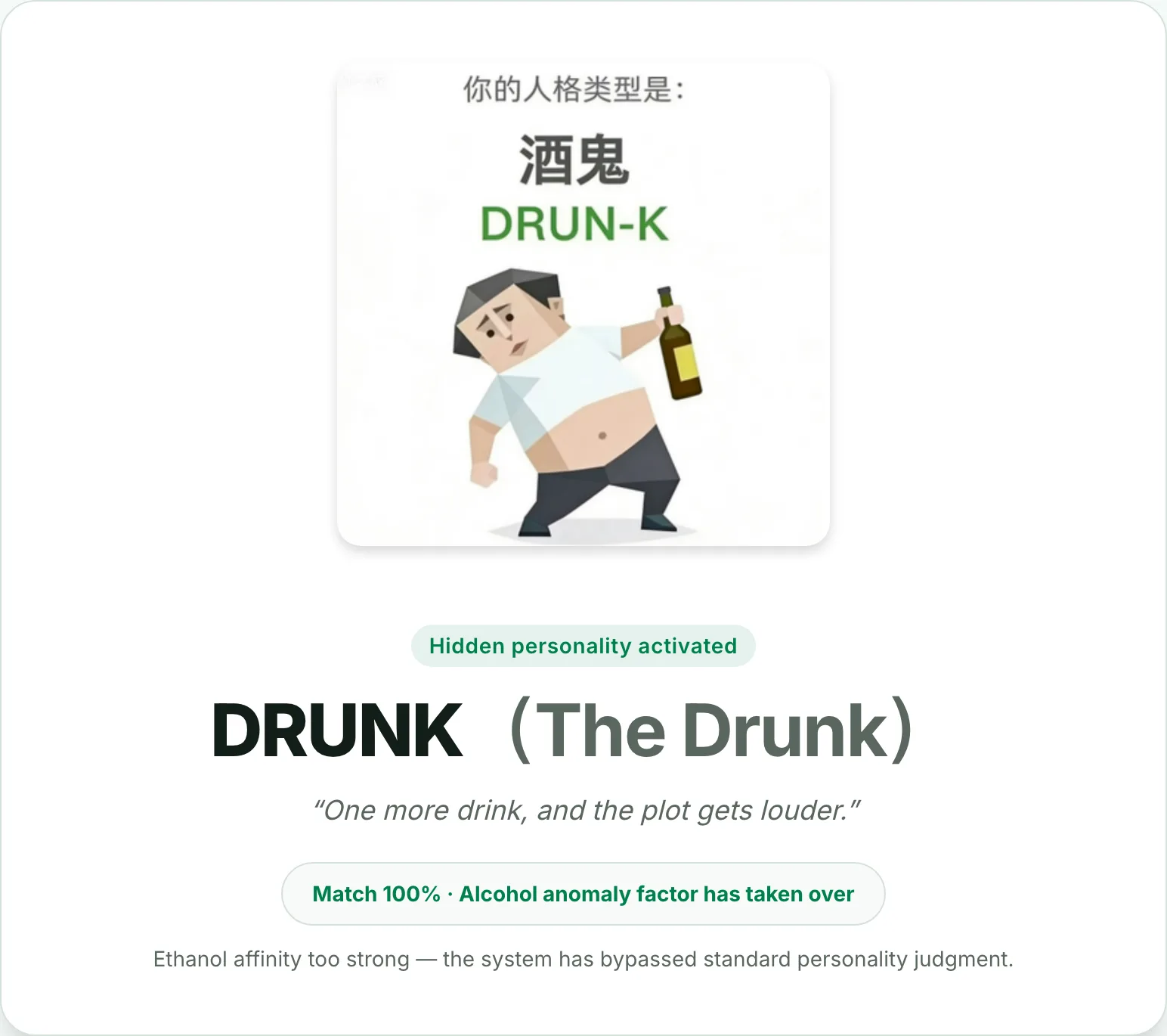 SBTI hidden DRUNK result card showing Hidden personality activated and a Match 100 percent alcohol anomaly badge