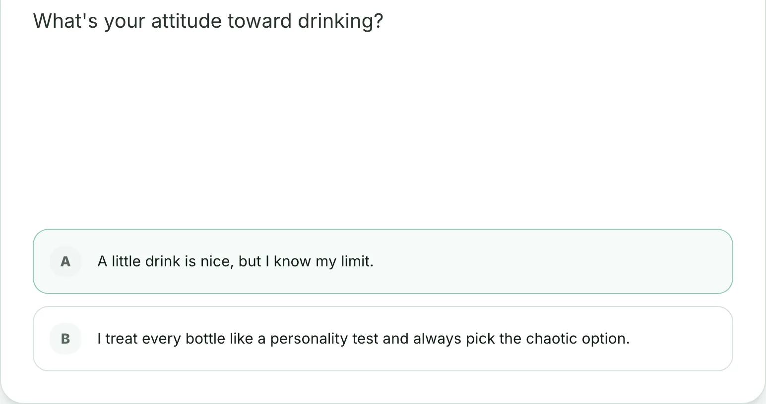 SBTI bonus drinking attitude question with two answers where the chaotic bottle option unlocks the hidden DRUNK type