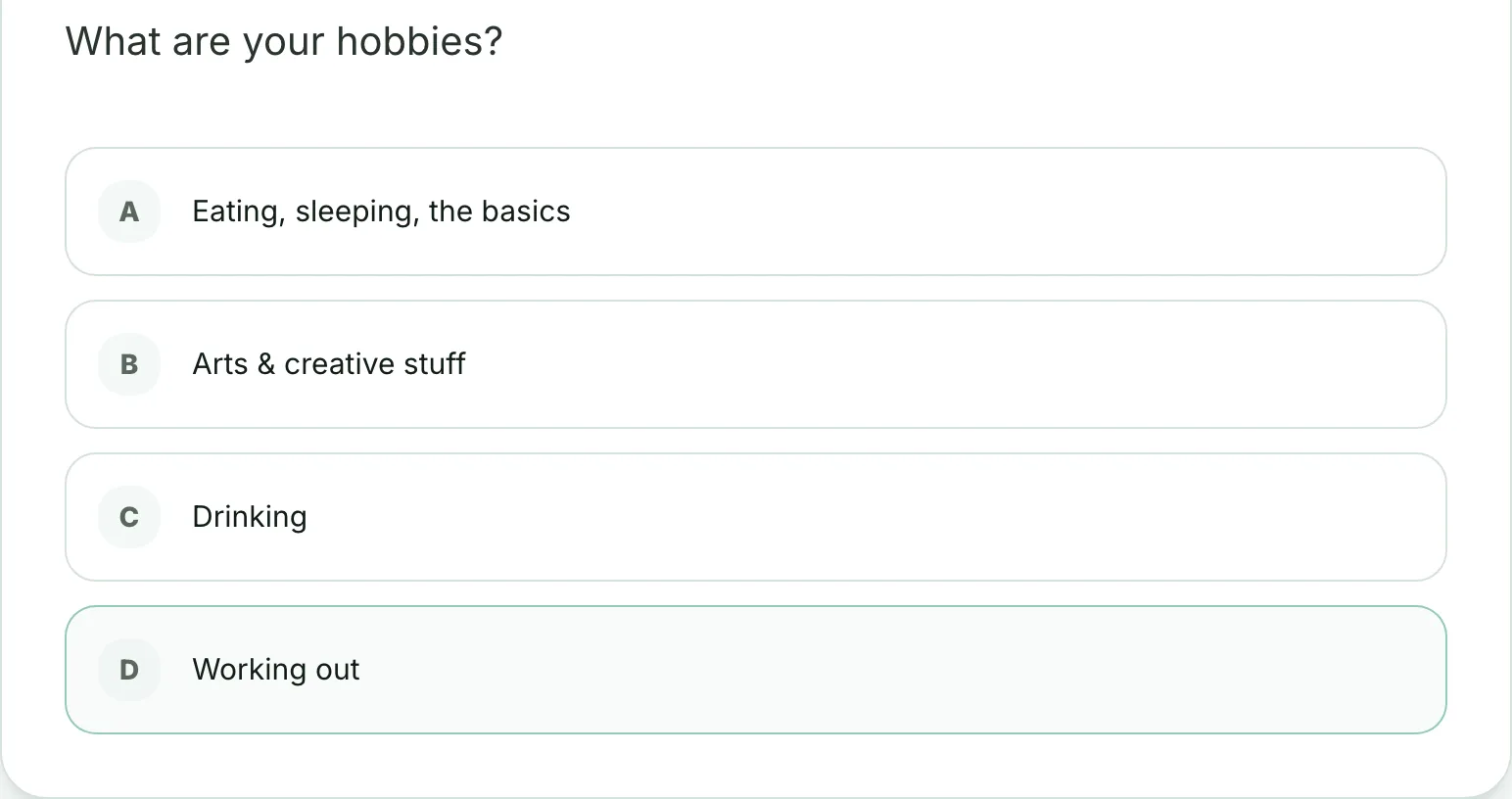 SBTI hidden hobby question asking What are your hobbies with four options where Drinking is the DRUNK trigger answer