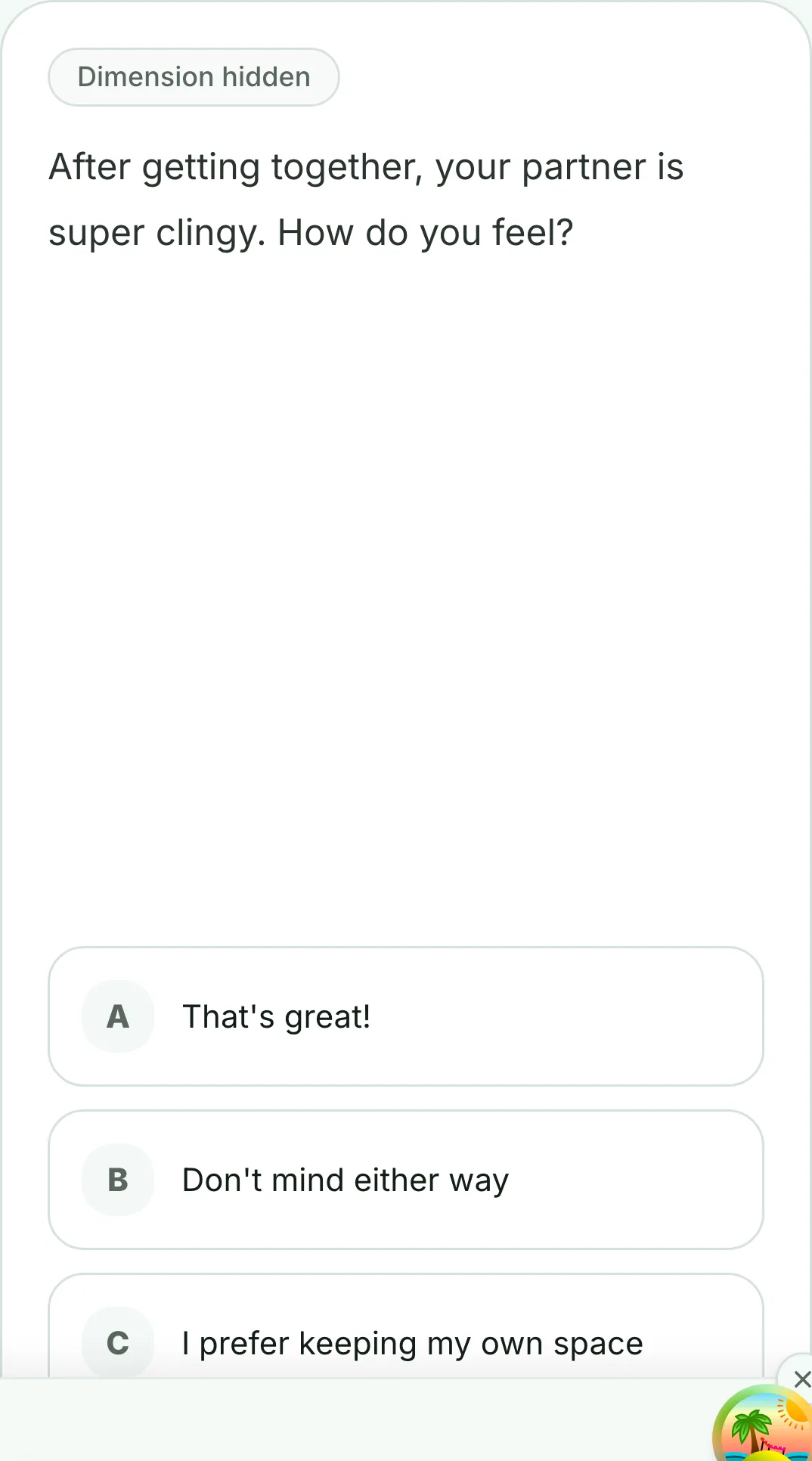 SBTI test on mobile with a question card, three answer buttons and the progress bar on top